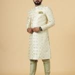 Regal Lemon-Yellow Thread Embroidered Sherwani | Father Son Combo | Perfect Groom Wear Achkan